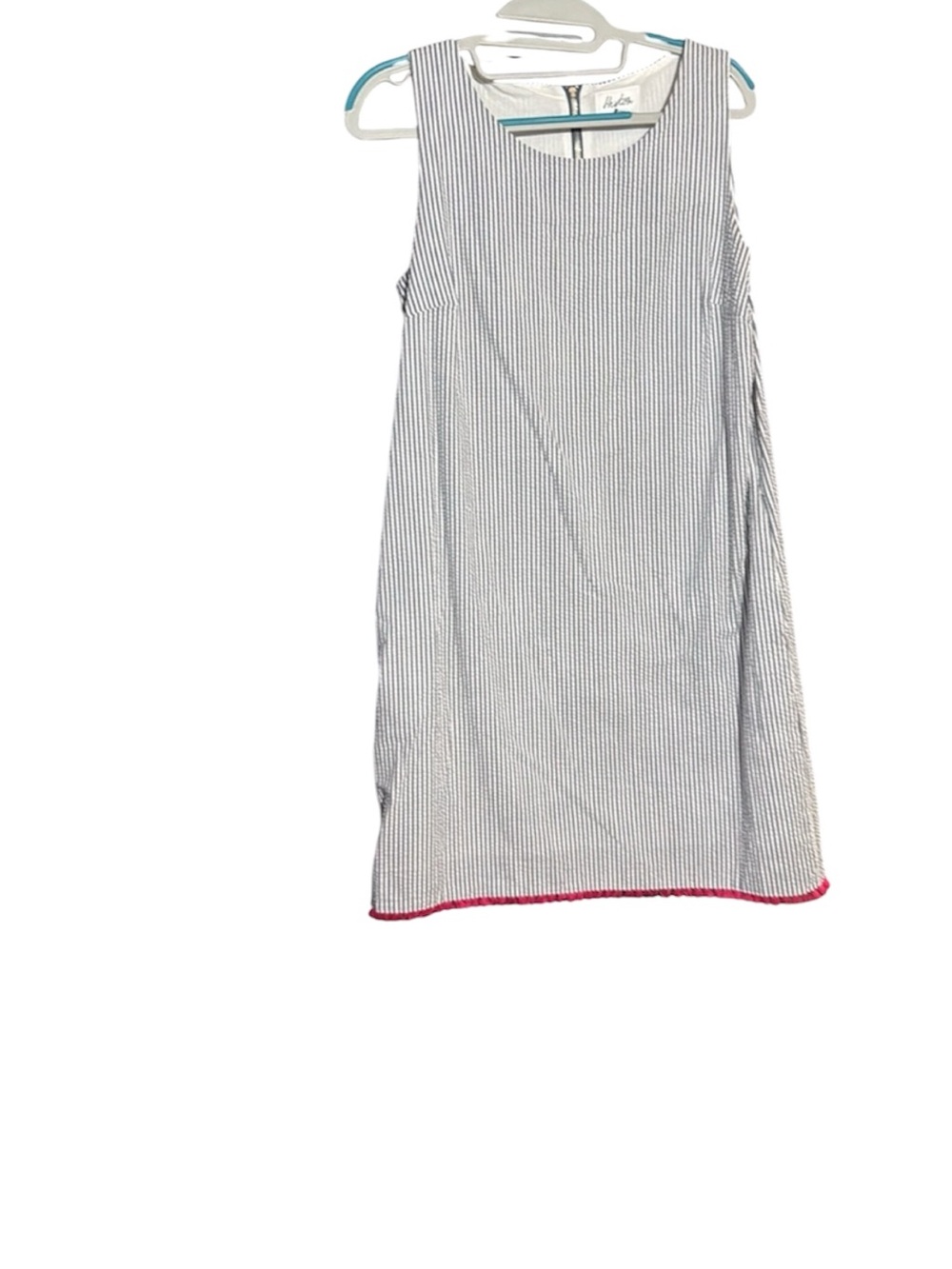 Heyton Navy and white Seersucker Stripe Dress with Pink Fringe Hem | Size 6